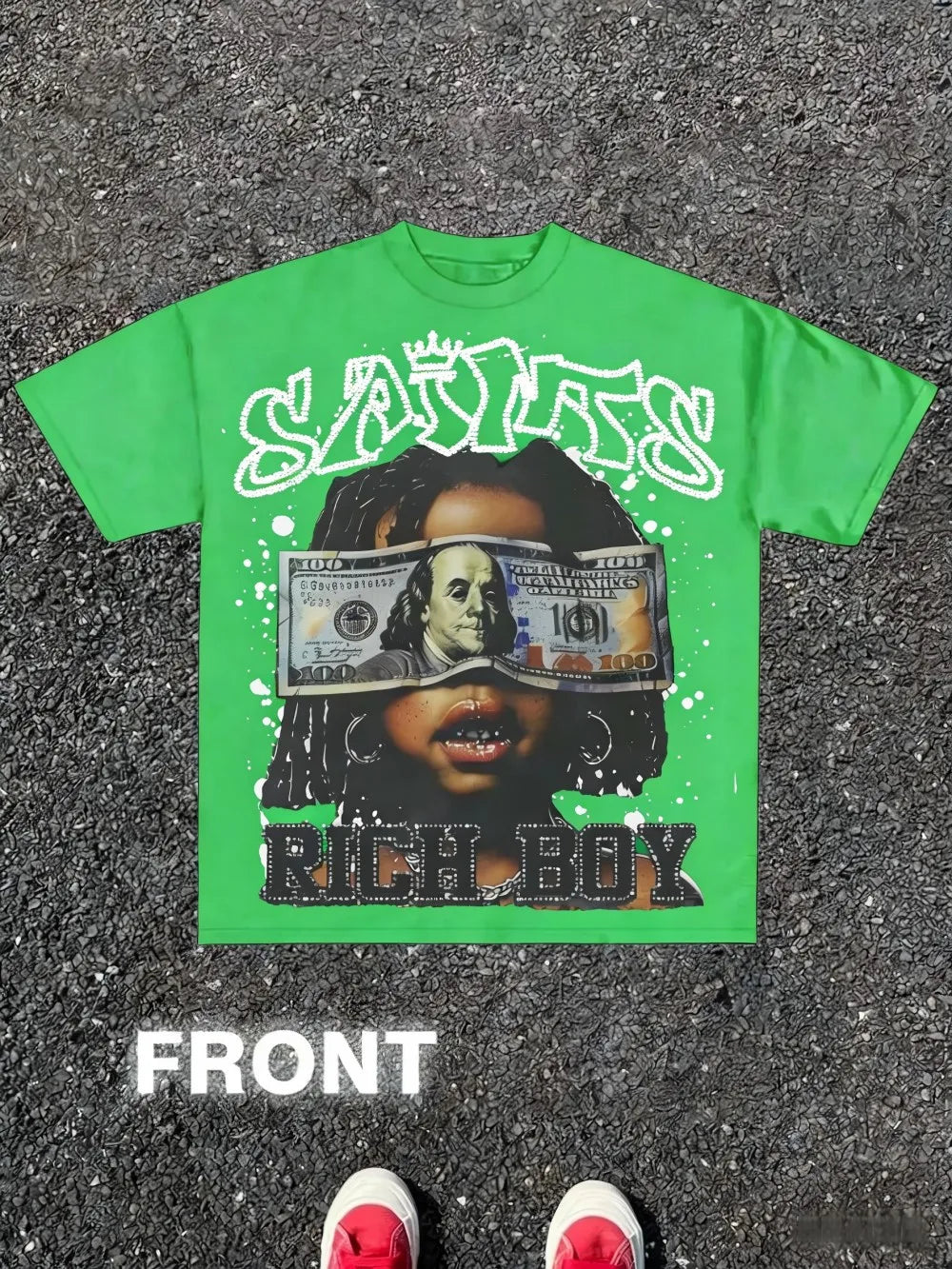 Trendy Men's Summer Gothic Wealth Cartoon Letter Printed Comfortable Breathable Round Neck T-shirt Outdoor Street Top