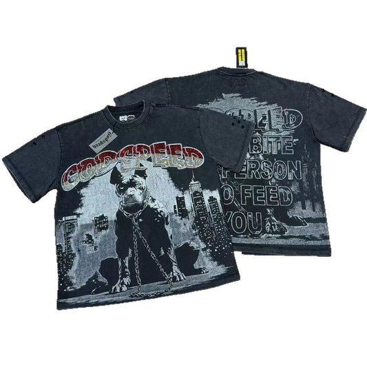 2026 LY Luxury Streetwear Graphic T-shirt Heavyweight Cotton Vintage Acid Wash Skull Print Oversized Tee for Men Hip Hop Fashion