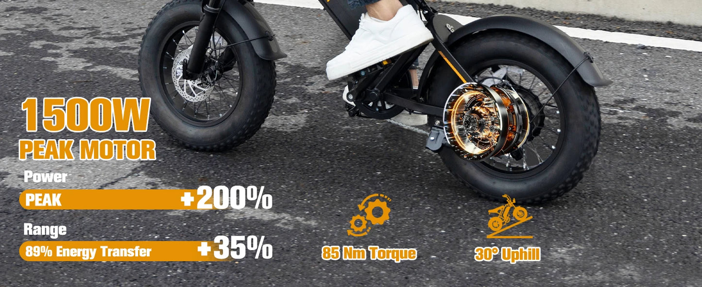 Bodywel M16 Fat Tire Electric Bike 1500W Peak Motor 16" x 4.0 Off-Road E-Bike 40 Mile Range Removable Battery Electric Bicycle