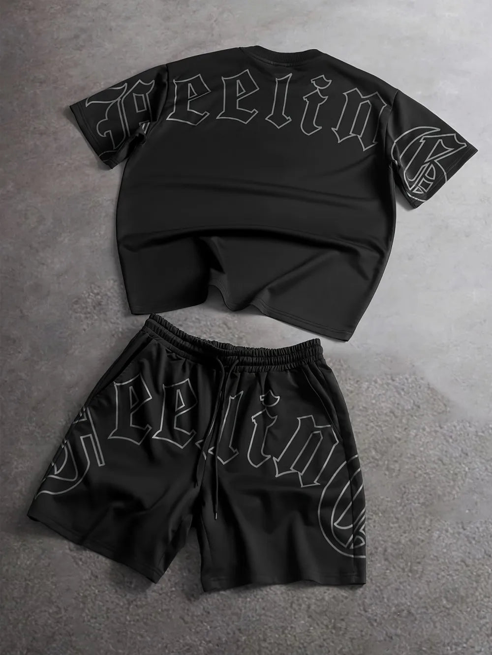 American men's summer Gothic letter print soft breathable round neck T-shirt drawstring shorts set outdoor streetwear