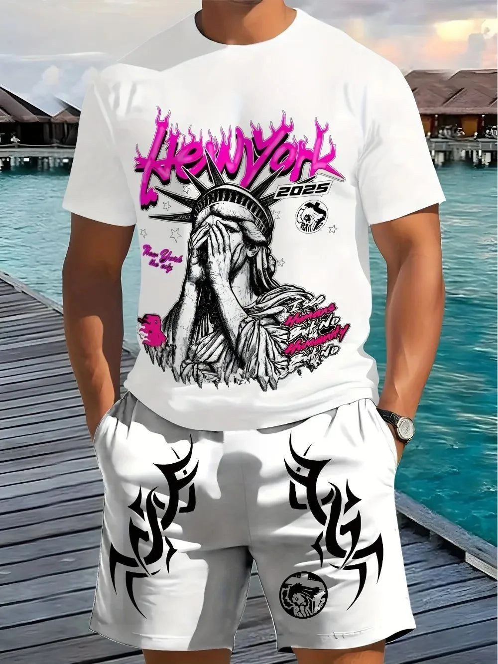 Hot selling new men's Statue of Liberty printed round neck breathable T-shirt and shorts outdoor comfortable two-piece set