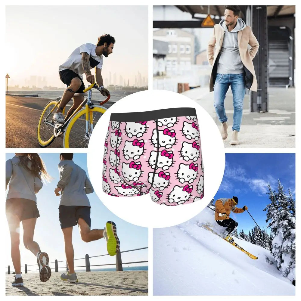 Custom Cartoon Cute Hello Cat Mangas Underwear Men Print Classical Boxer Shorts Panties Briefs Breathable Underpants