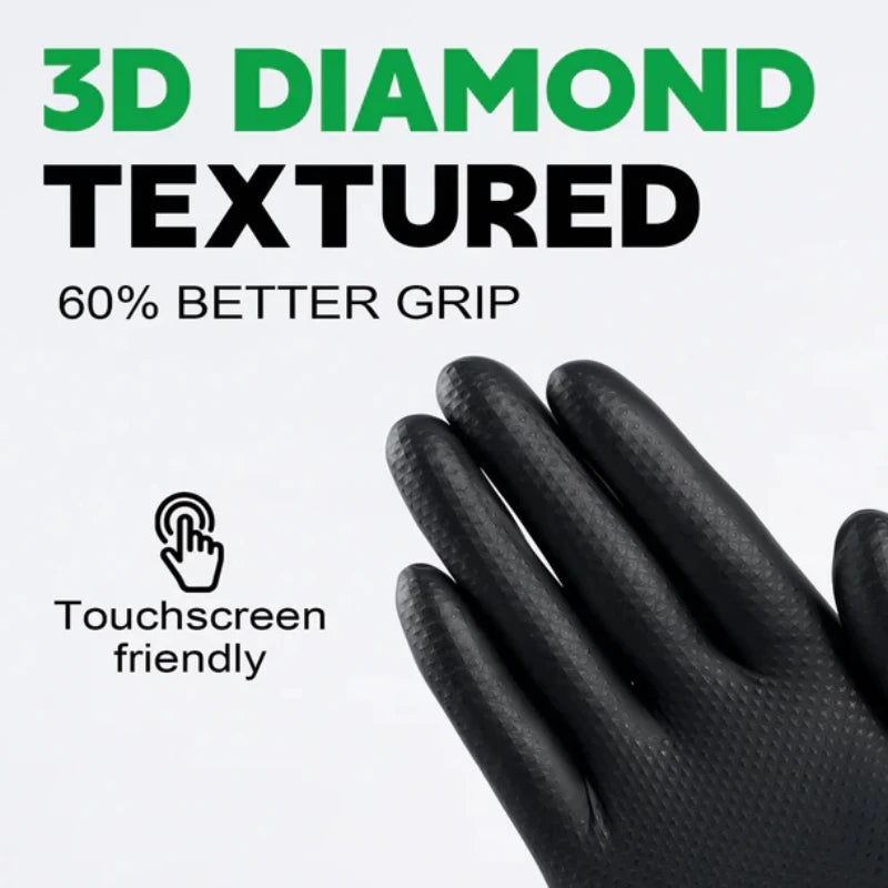 8Mil Heavy Duty Black Industrial Nitrile Gloves Disposable Safety Work Gloves Raised Diamond Textured Grip Mechanic Auto Gloves
