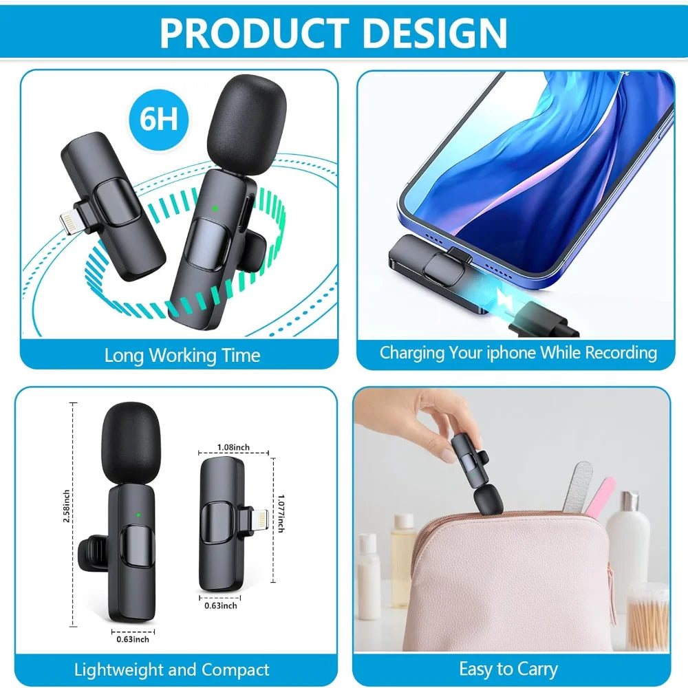 2Pcs Wireless Lavalier Microphones Mini Clip-on Mic Crystal Clear Audio for iPhone Android iPad Live Stream Vlog Recording