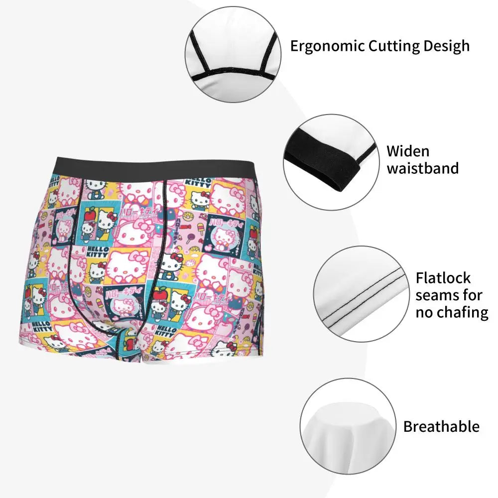 Custom Cartoon Cute Hello Cat Mangas Underwear Men Print Classical Boxer Shorts Panties Briefs Breathable Underpants