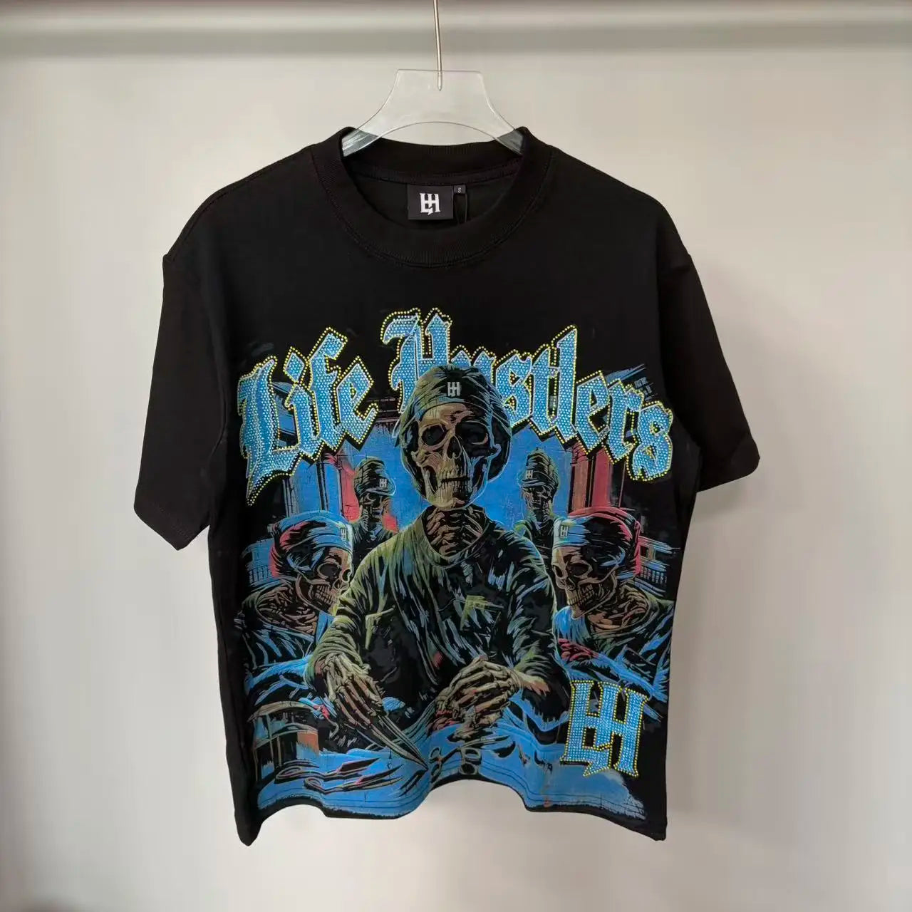 New fashion brand LIFE HUSTLERS Y2K hot stamping hole Men Women T-shirt Streetwear 100% Cotton Loose Round Neck Top Tees