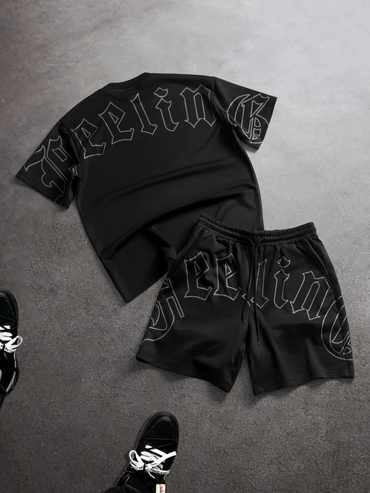 American men's summer Gothic letter print soft breathable round neck T-shirt drawstring shorts set outdoor streetwear