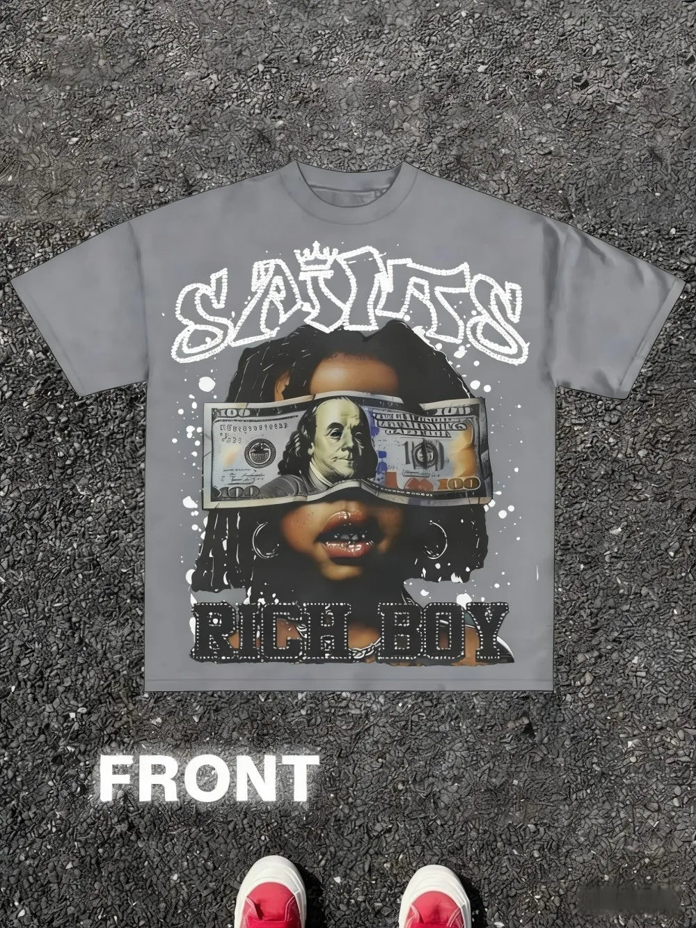 Trendy Men's Summer Gothic Wealth Cartoon Letter Printed Comfortable Breathable Round Neck T-shirt Outdoor Street Top