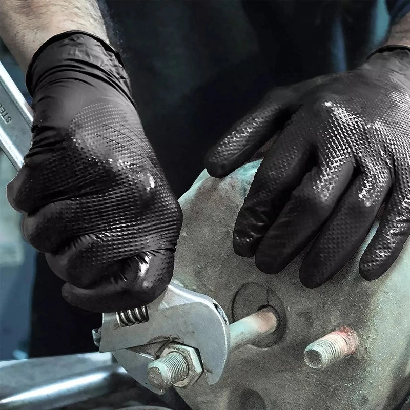 8Mil Heavy Duty Black Industrial Nitrile Gloves Disposable Safety Work Gloves Raised Diamond Textured Grip Mechanic Auto Gloves