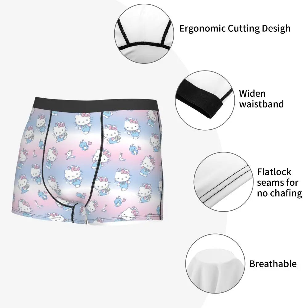 Custom Cartoon Cute Hello Cat Mangas Underwear Men Print Classical Boxer Shorts Panties Briefs Breathable Underpants