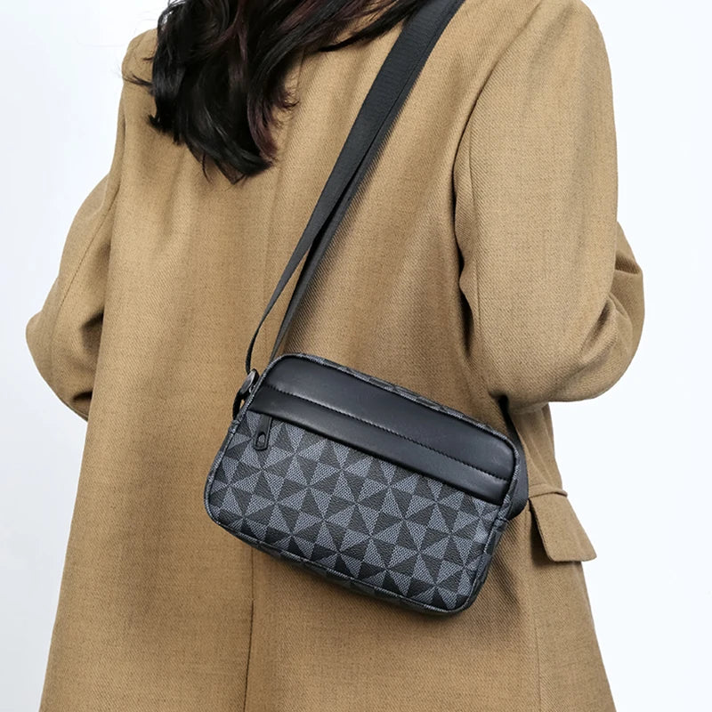 Casual Business Shoulder Bag for Men Pu Leather Messenger Bag Wide Strap Crossbody Bags Square Plaid Designer Male Sling Bags