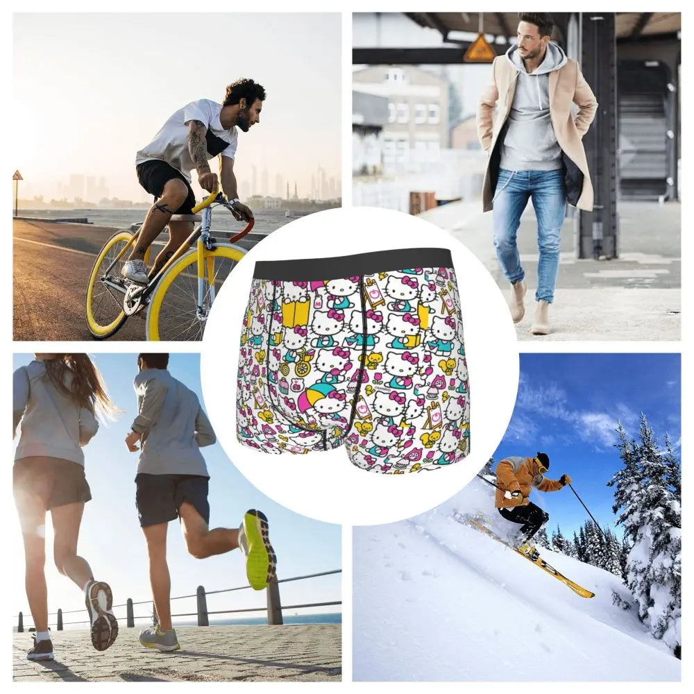 Custom Cartoon Cute Hello Cat Mangas Underwear Men Print Classical Boxer Shorts Panties Briefs Breathable Underpants