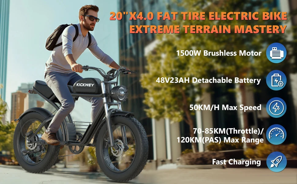 KICKWEY K7 Electric Bike, Off-Road Electric bicycle, Full Suspension E-Bike, 20" Fat Tire All-Terrain Electric Dirt bike, Ebike
