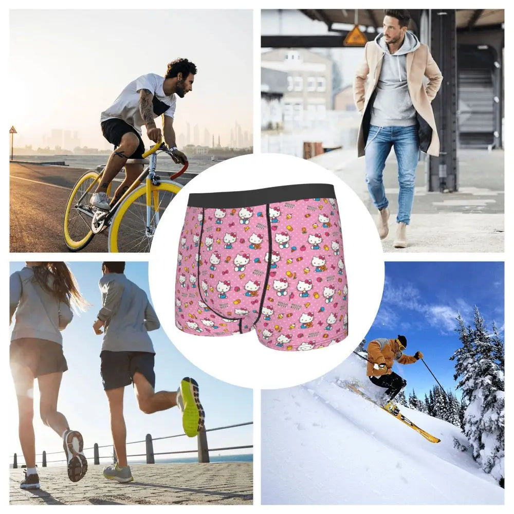 Custom Cartoon Cute Hello Cat Mangas Underwear Men Print Classical Boxer Shorts Panties Briefs Breathable Underpants