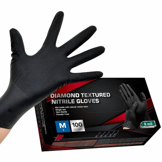 8Mil Heavy Duty Black Industrial Nitrile Gloves Disposable Safety Work Gloves Raised Diamond Textured Grip Mechanic Auto Gloves