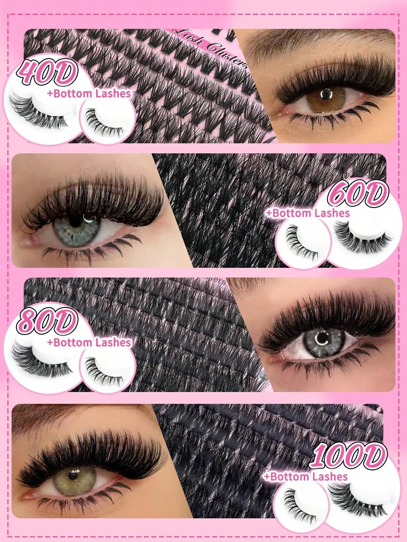 17 Pairs D Curl Cluster Eyelash Extensions, soft reusable fluffy thick upper & lower DIY individual lashes.