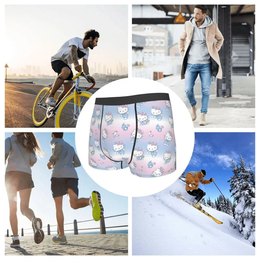 Custom Cartoon Cute Hello Cat Mangas Underwear Men Print Classical Boxer Shorts Panties Briefs Breathable Underpants