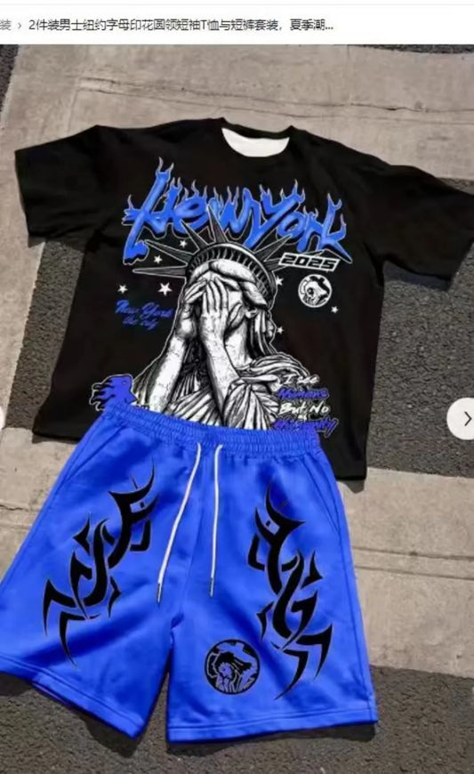 Hot selling new men's Statue of Liberty printed round neck breathable T-shirt and shorts outdoor comfortable two-piece set