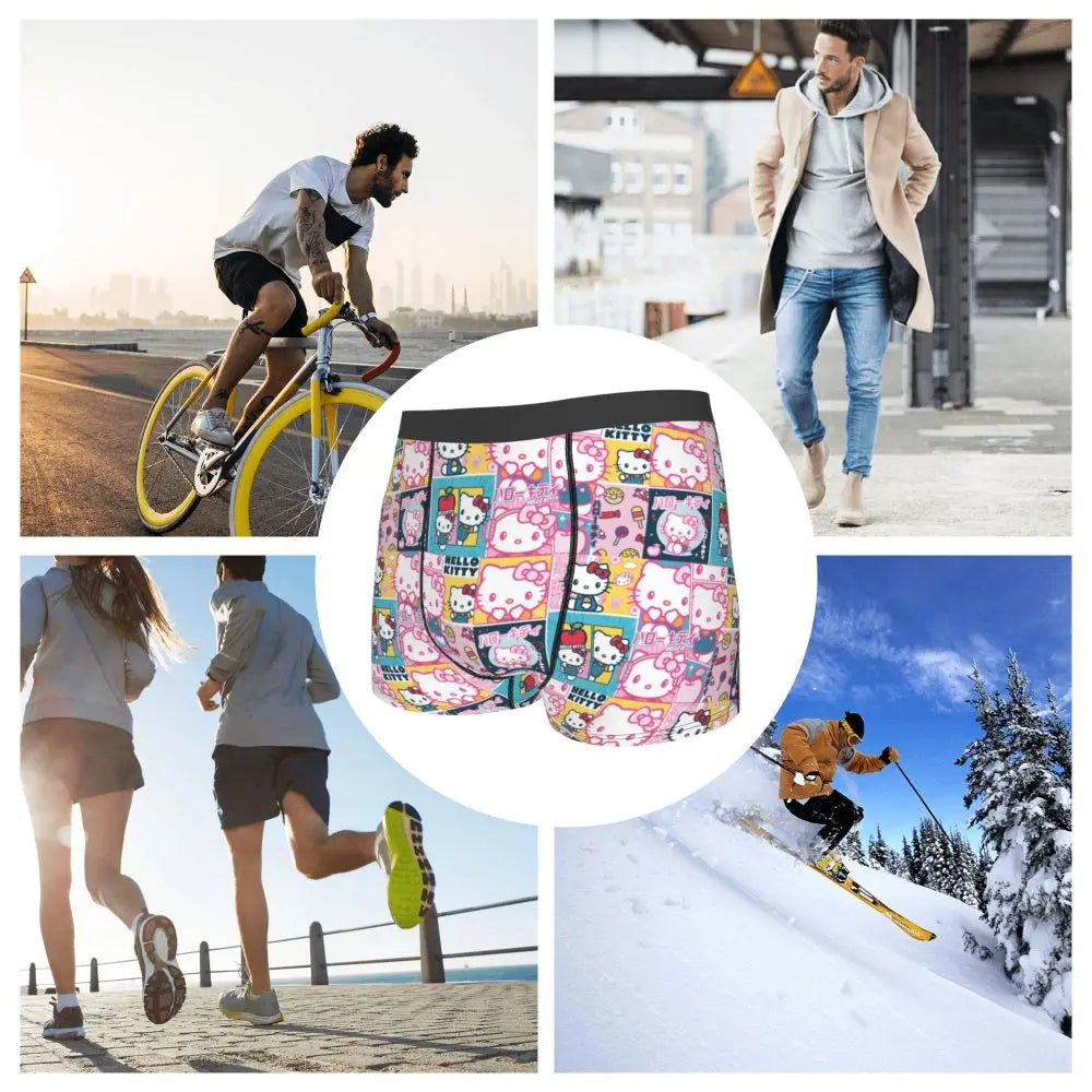Custom Cartoon Cute Hello Cat Mangas Underwear Men Print Classical Boxer Shorts Panties Briefs Breathable Underpants