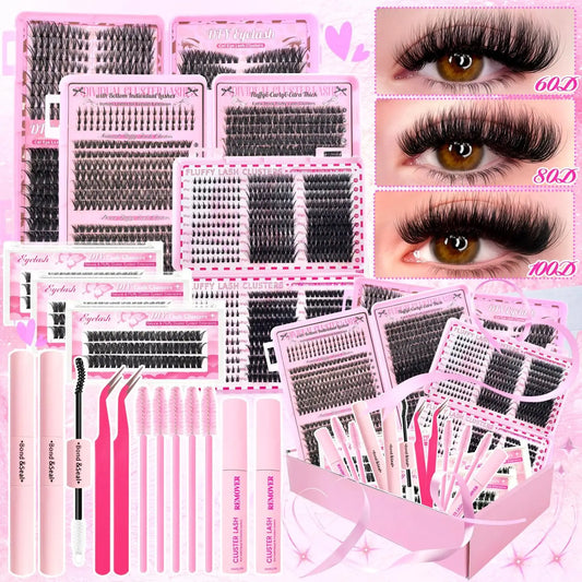 17 Pairs D Curl Cluster Eyelash Extensions, soft reusable fluffy thick upper & lower DIY individual lashes.