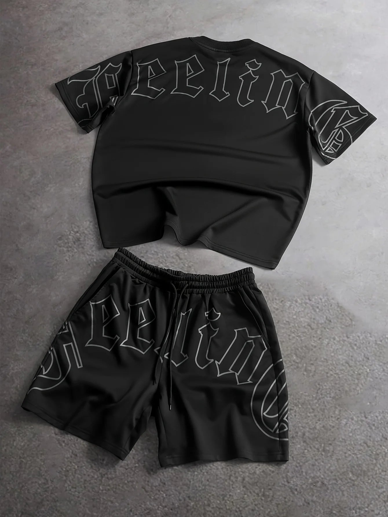 American men's summer Gothic letter print soft breathable round neck T-shirt drawstring shorts set outdoor streetwear