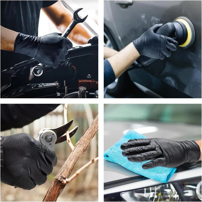 8Mil Heavy Duty Black Industrial Nitrile Gloves Disposable Safety Work Gloves Raised Diamond Textured Grip Mechanic Auto Gloves