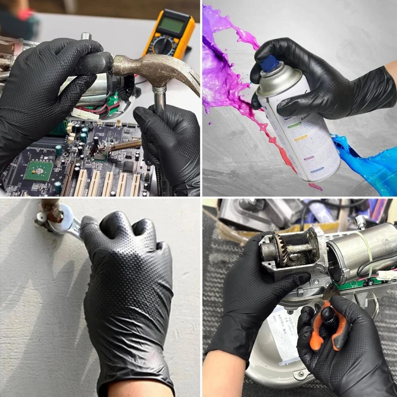 8Mil Heavy Duty Black Industrial Nitrile Gloves Disposable Safety Work Gloves Raised Diamond Textured Grip Mechanic Auto Gloves