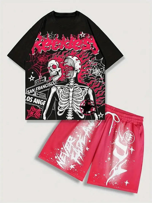 The 2025 summer new men's set features street casual hip-hop fashion comfort and softness with 3D skull pattern print