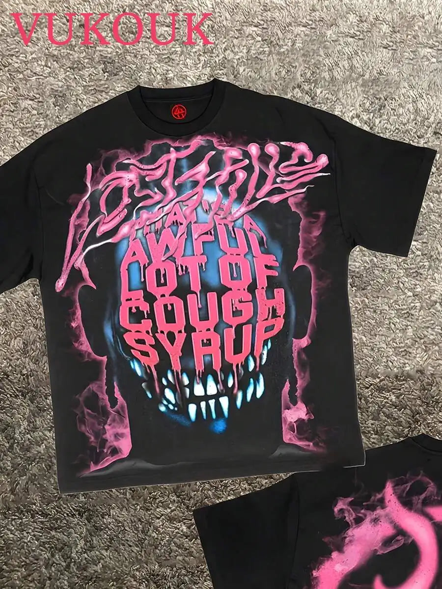 (1PC) Men's 'An Awful Lot Of Cough Syrup' Skull Graphic T-Shirt, Cotton Crew Neck Short Sleeve Tee