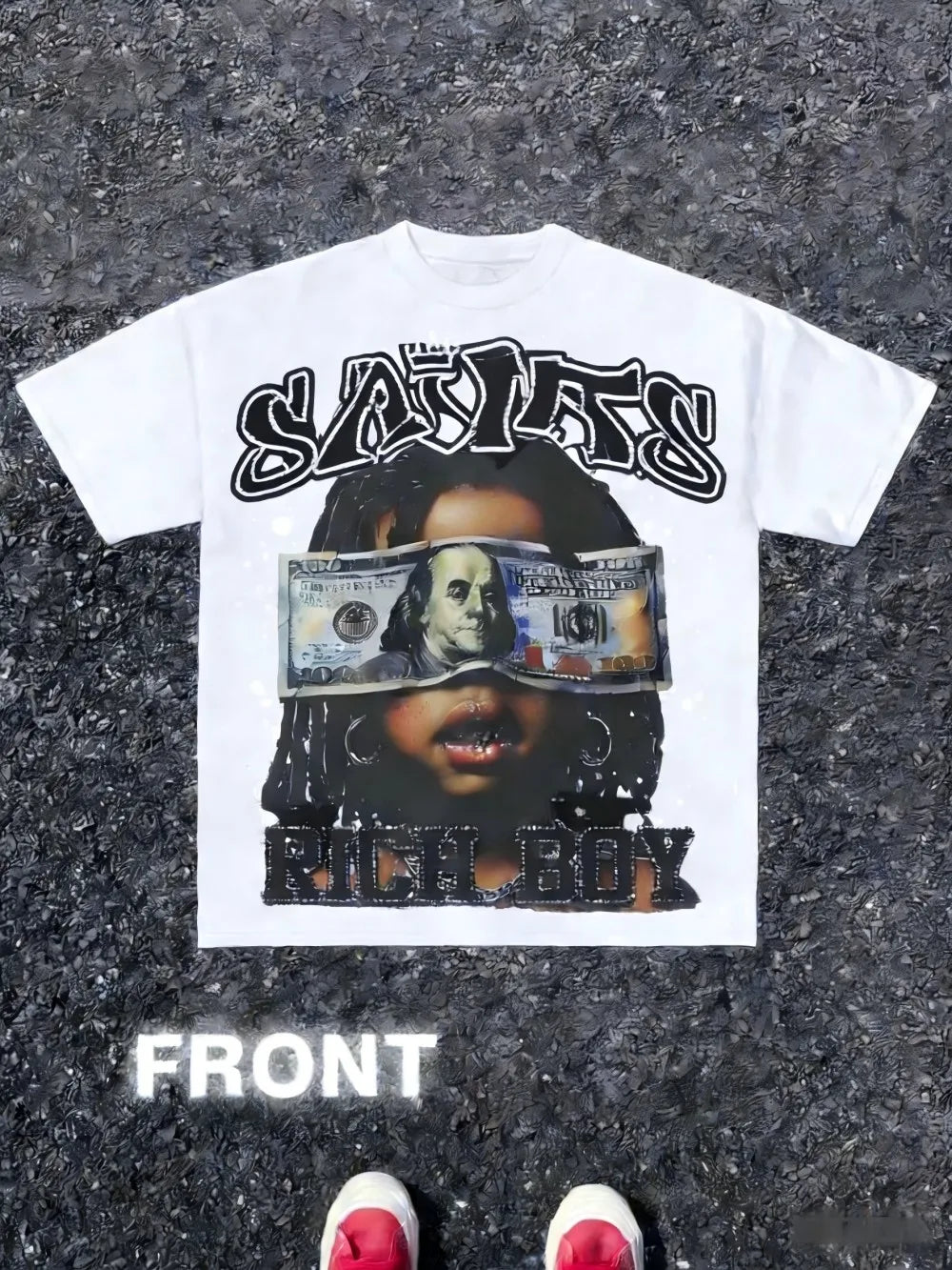 Trendy Men's Summer Gothic Wealth Cartoon Letter Printed Comfortable Breathable Round Neck T-shirt Outdoor Street Top