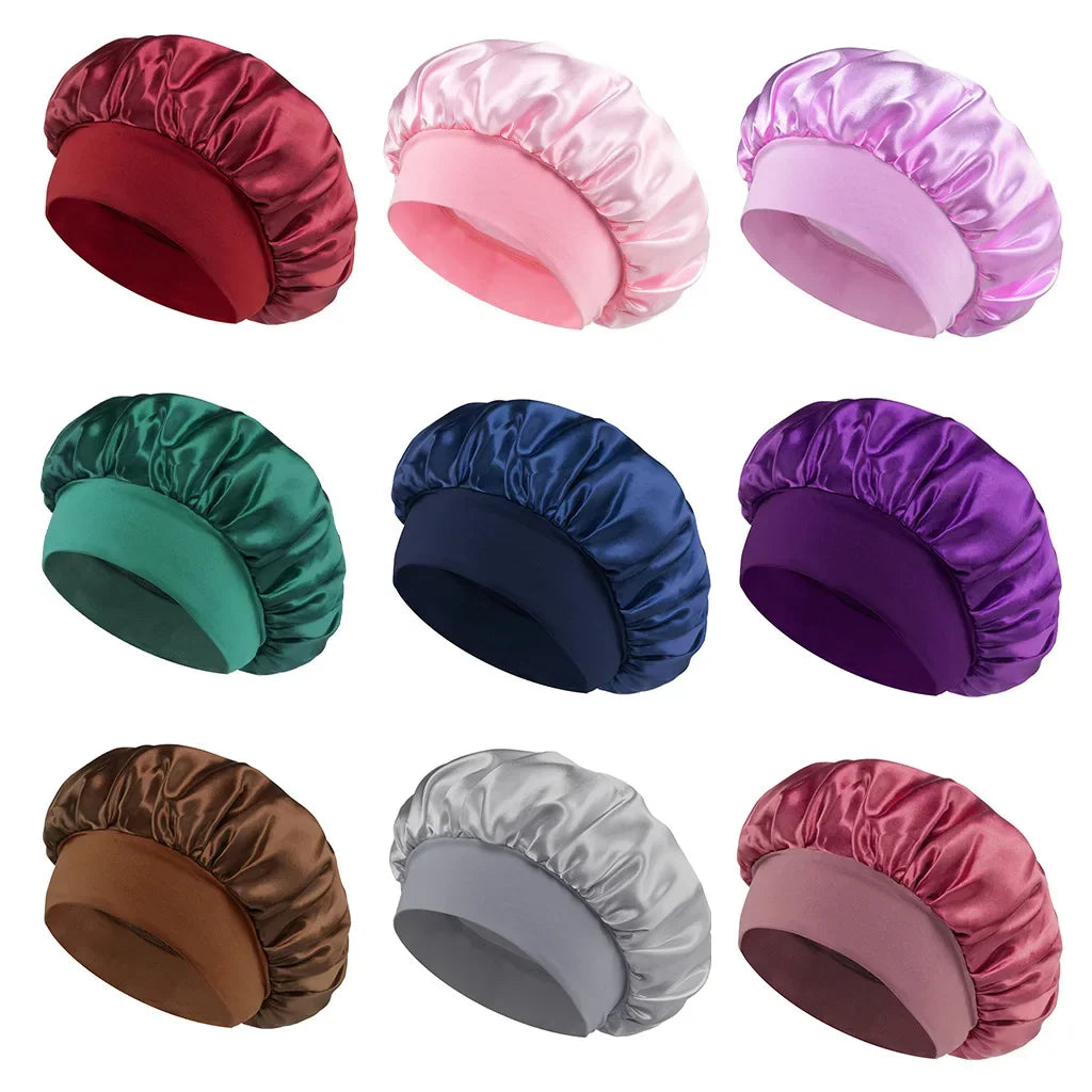 Satin Sleep Bonnet – Wide-Brim Hair Care Hat with Elastic Band