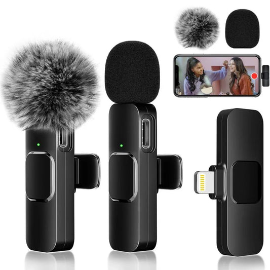 2Pcs Wireless Lavalier Microphones Mini Clip-on Mic Crystal Clear Audio for iPhone Android iPad Live Stream Vlog Recording
