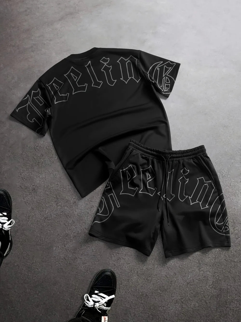 American men's summer Gothic letter print soft breathable round neck T-shirt drawstring shorts set outdoor streetwear
