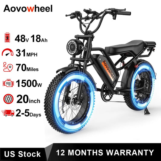 AOVOPRO AOVOWHEEL AP20(AW2PRO) Electric Bike 1500W 20" Fat Tire 31mph Top Speed 70 Miles Range for Road Sand Mountain Snow Electric Motorcycle