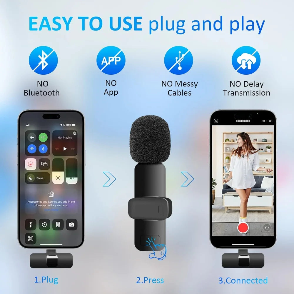 2Pcs Wireless Lavalier Microphones Mini Clip-on Mic Crystal Clear Audio for iPhone Android iPad Live Stream Vlog Recording