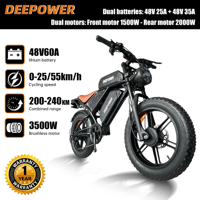 DEEPOWER S8Advance 3500W48V60Aelectric bicycle all-terrain mountain Ebike wide-tire adultssnow and deserts to ride electric Bike