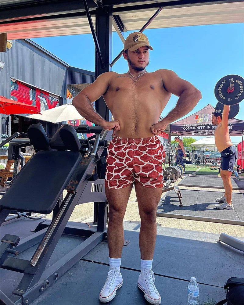 Summer Men's INAKA IP Animal Print Mesh Shorts Drawstring Elastic Waist Breathable Quick Dry Gym Workout Fitness Casual Pants