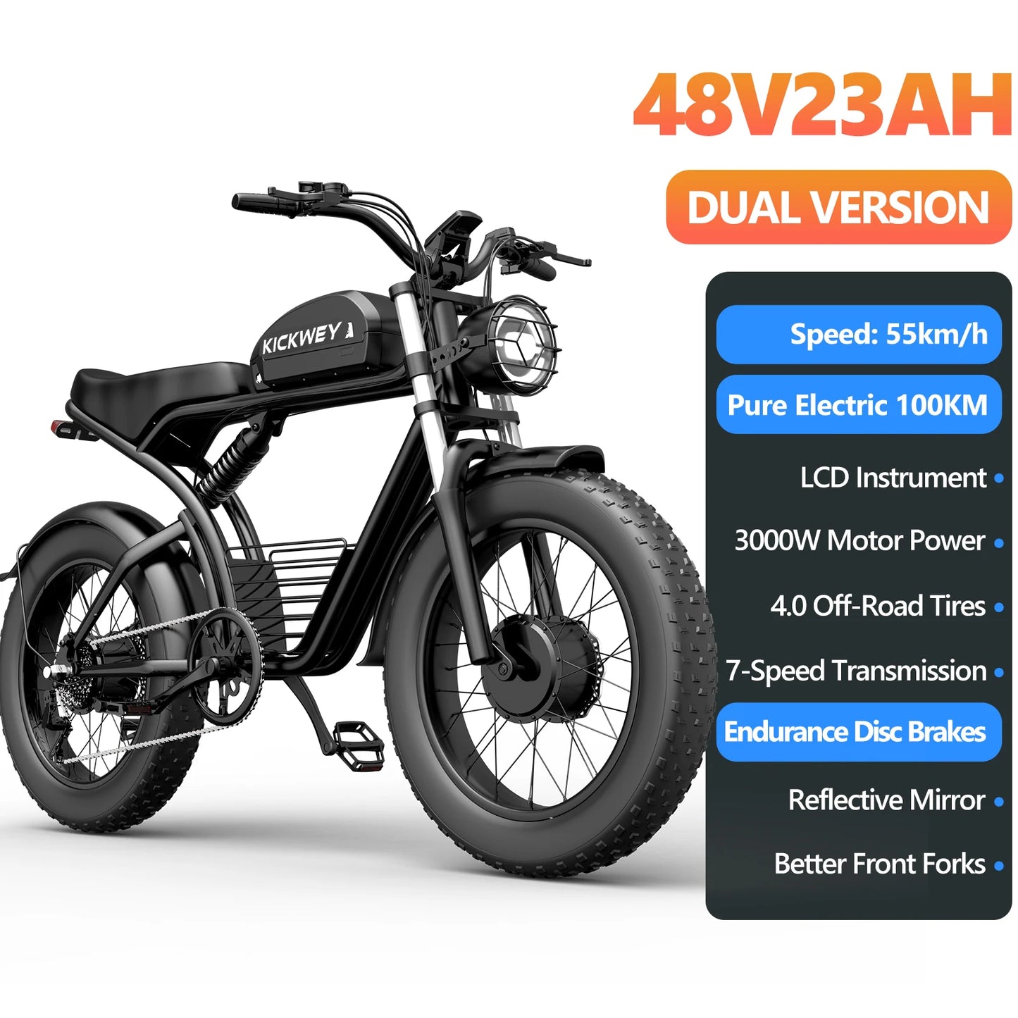 KICKWEY K7 Electric Bike, Off-Road Electric bicycle, Full Suspension E-Bike, 20" Fat Tire All-Terrain Electric Dirt bike, Ebike