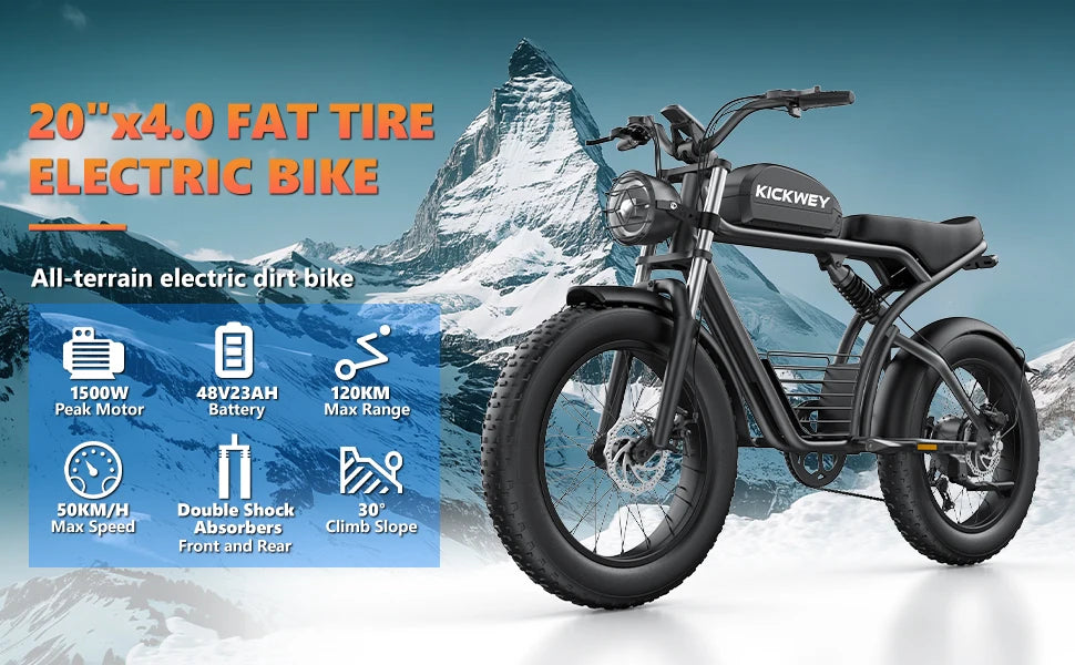 KICKWEY K7 Electric Bike, Off-Road Electric bicycle, Full Suspension E-Bike, 20" Fat Tire All-Terrain Electric Dirt bike, Ebike