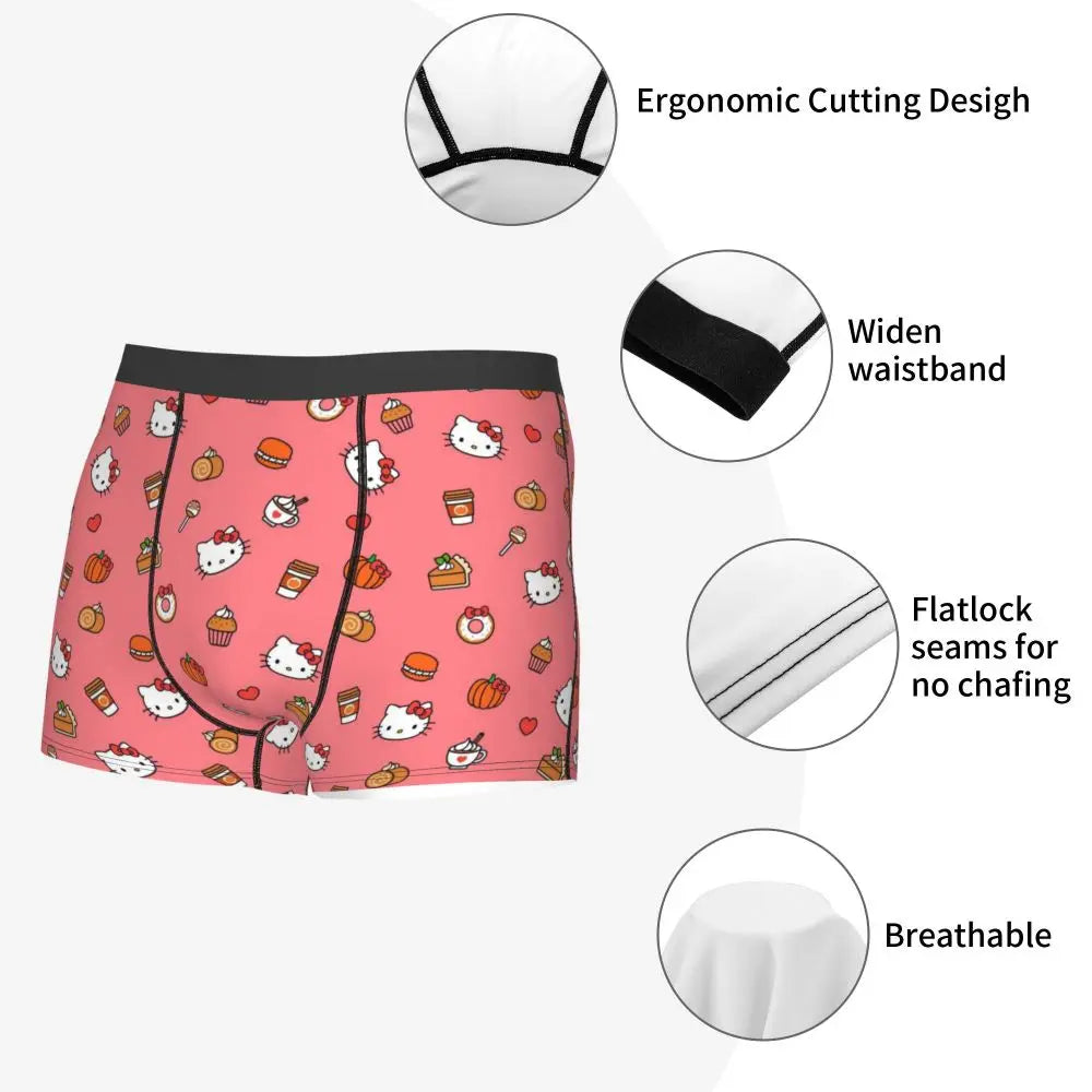 Custom Cartoon Cute Hello Cat Mangas Underwear Men Print Classical Boxer Shorts Panties Briefs Breathable Underpants