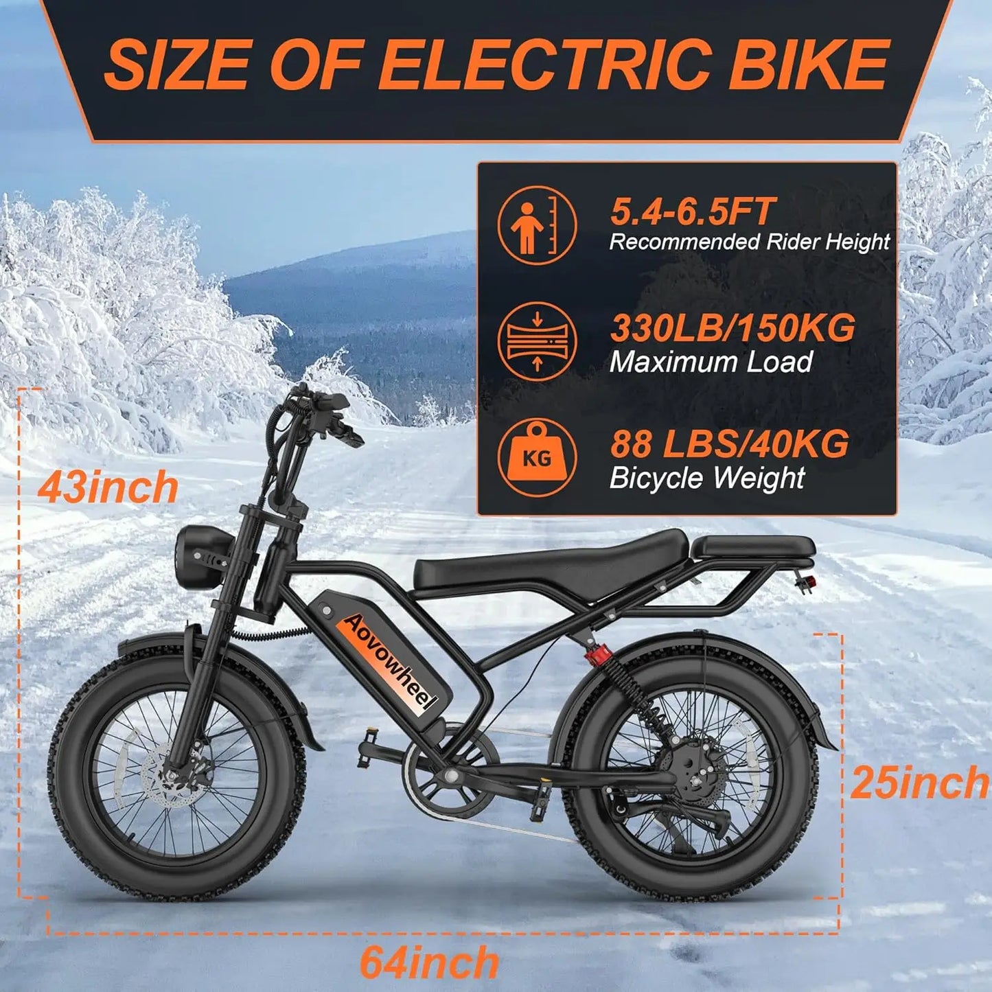 AOVOPRO AOVOWHEEL AP20(AW2PRO) Electric Bike 1500W 20" Fat Tire 31mph Top Speed 70 Miles Range for Road Sand Mountain Snow Electric Motorcycle