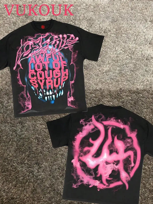 (1PC) Men's 'An Awful Lot Of Cough Syrup' Skull Graphic T-Shirt, Cotton Crew Neck Short Sleeve Tee