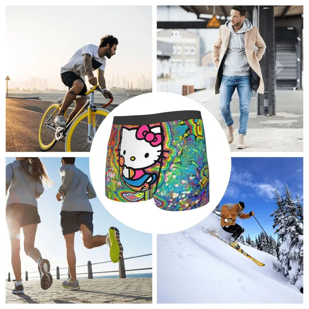 Custom Cartoon Cute Hello Cat Mangas Underwear Men Print Classical Boxer Shorts Panties Briefs Breathable Underpants