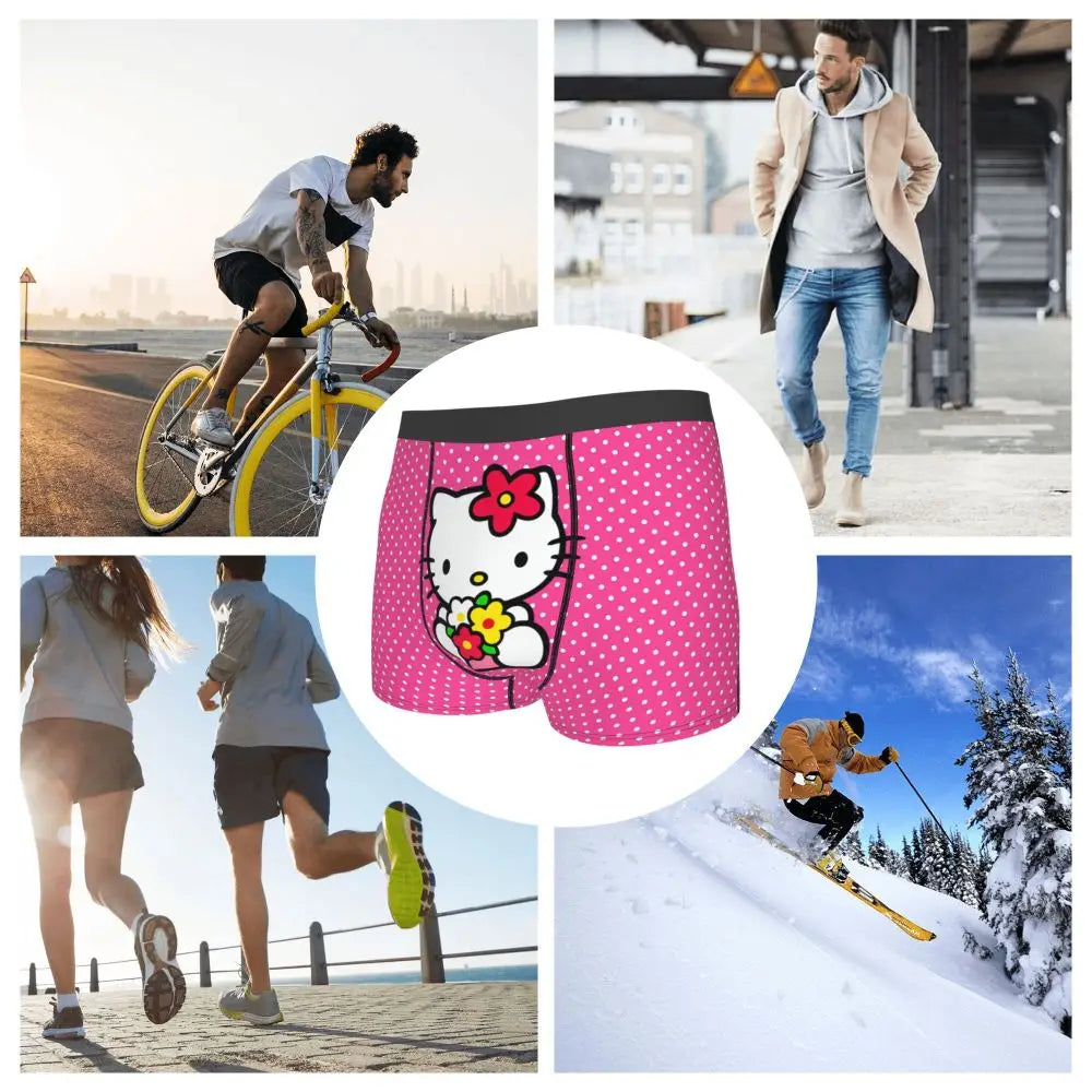 Custom Cartoon Cute Hello Cat Mangas Underwear Men Print Classical Boxer Shorts Panties Briefs Breathable Underpants