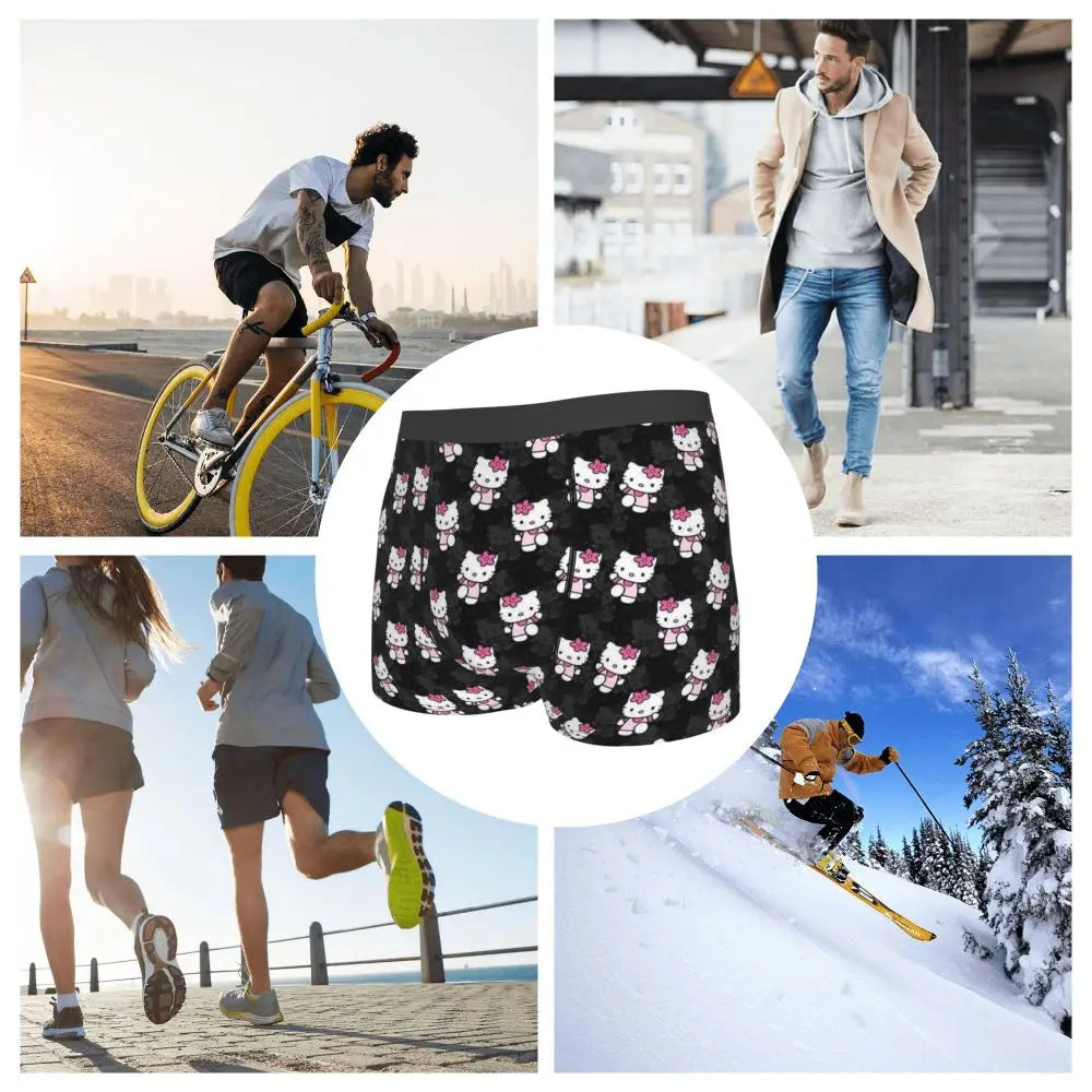 Custom Cartoon Cute Hello Cat Mangas Underwear Men Print Classical Boxer Shorts Panties Briefs Breathable Underpants