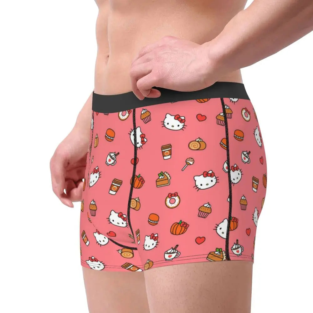 Custom Cartoon Cute Hello Cat Mangas Underwear Men Print Classical Boxer Shorts Panties Briefs Breathable Underpants