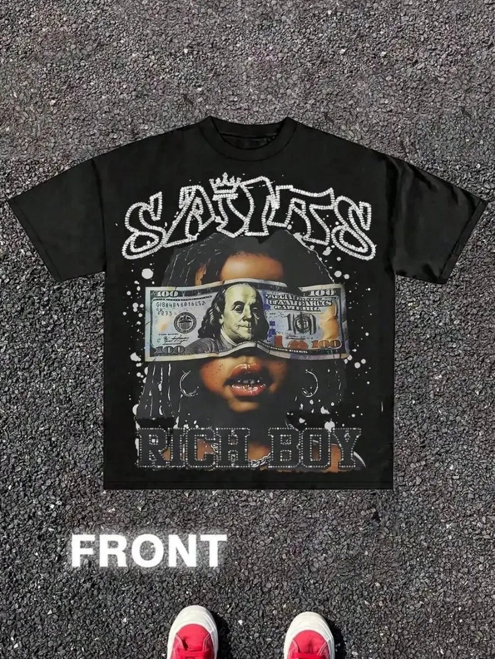 Trendy Men's Summer Gothic Wealth Cartoon Letter Printed Comfortable Breathable Round Neck T-shirt Outdoor Street Top